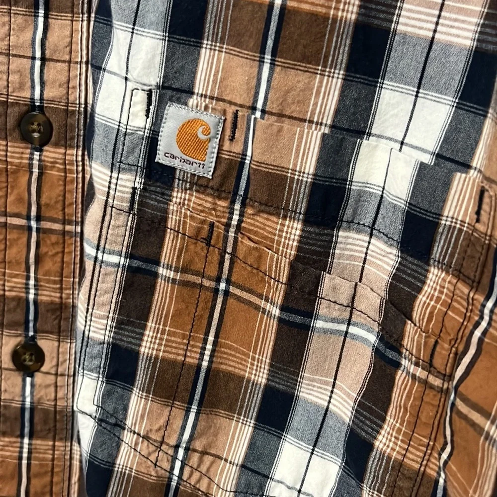 Carhartt Earth Tone Brown Plaid Short Sleeve Button Down Shirt Relaxed Fit L - Picture 2 of 4